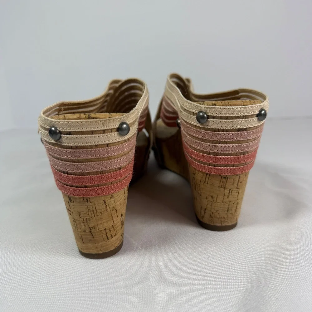 Lucky Brand‎ Myraia Cork Wedge Sandals Pink Coral Striped Elastic Straps 8.5M